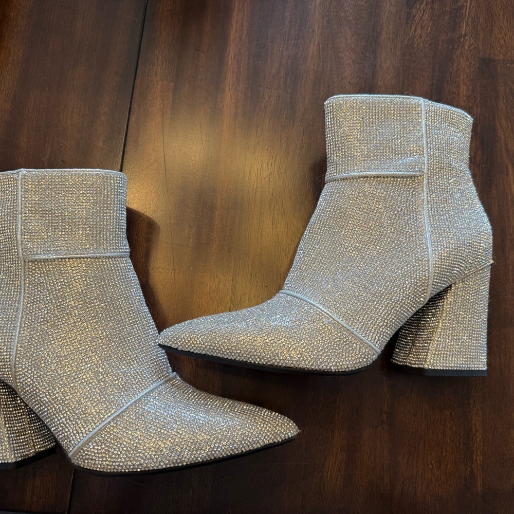 a new day Silver Rhinestone Pointed Toe Block Heel Ankle Boots